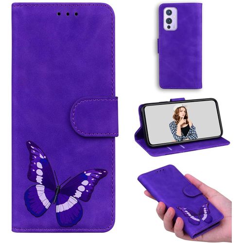 Coque Cuir Pour Oneplus 9 tui Flip Stand Wallet Cover Color Printed Butterfly Pattern Skin Friendly Pu Cuir Folio Tpu Coque Intrieure Fente Pour Carte Case Pour Oneplus 9 Violet