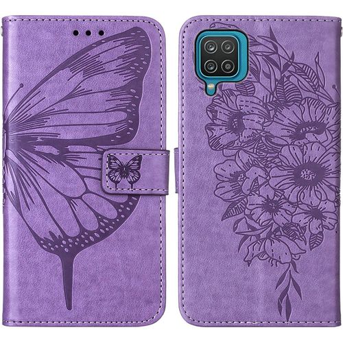 Coque Cuir Pour Samsung Galaxy A12 / M12 Etui A Rabat Motif Dessin Pour Filles Femmes, Portefeuille Housse Avec Case 360 Degres Silicone Antichoc Protection Cover Cuir - Mauve