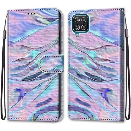 Coque Cuir Pour Samsung Galaxy A12 / M12, Mignonne Design Motif Dessin Portefeuille Housse Avec Case 360 Degres Silicone Antichoc, Etui A Rabat Protection Cover Cuir - Mauve