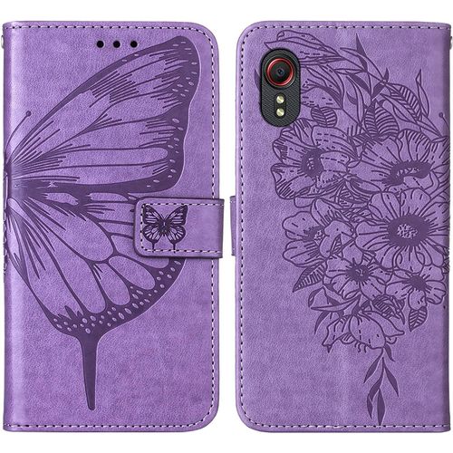 Coque Cuir Pour Samsung Galaxy Xcover 5 Etui A Rabat Motif Dessin Pour Filles Femmes, Portefeuille Housse Avec Case 360 Degres Silicone Antichoc Protection Cover Cuir - Mauve