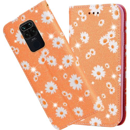 Coque Cuir Pour Xiaomi Redmi Note 9, Fleur De Marguerite Design Motif Dessin Portefeuille Housse Avec Case Antichoc Interieure, Etui A Rabat Protection, Cover Cuir - Orange