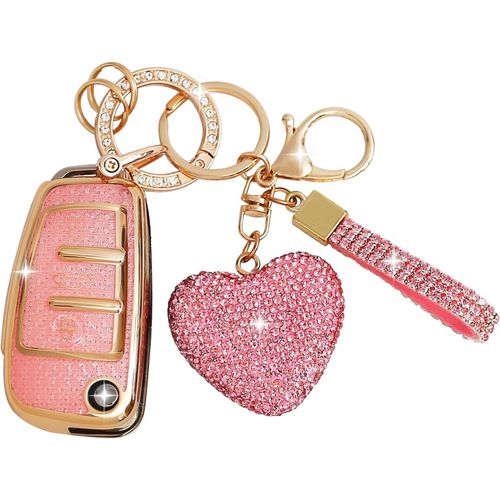 Coque De Cl De Voiture Avec Porte-Cls Strass En Forme De C?Ur Compatible Avec Audi A1/A3/S3/A4/S4/Rs4/A6/S6/Rs6/Q3/Q5/Q7/Tt/R8 Seat Exeo,tui De Cl Voiture Tpu,3 BoutonsCl Pliante (Rose)