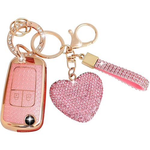 Coque De Cl De Voiture Avec Porte-Cls Strass En Forme De C?ur Compatible Avec Chevrolet Opel Astra Meriva Mokka Zafira Chevrolet Aveo Matiz Cruze Spark Trax,Smart Key,2 Boutons (Rose)