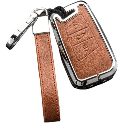 Coque De Cl Tlcommande En Cuir Pour Volkswagen Vw Passat B8 Arteon Cc Magotan B5 Jetta Skoda A7 Variant 3 Buttons (Brun+Argent)