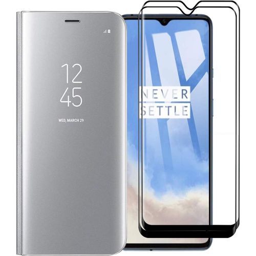 Coque De Protection Flip Miroir Pour Oneplus 7t [Housse + 2 crans Tremps] - Ultra Mince Anti-Choc Avec Support Intgr Et Fonction Smart Wake/Sleep - Argent