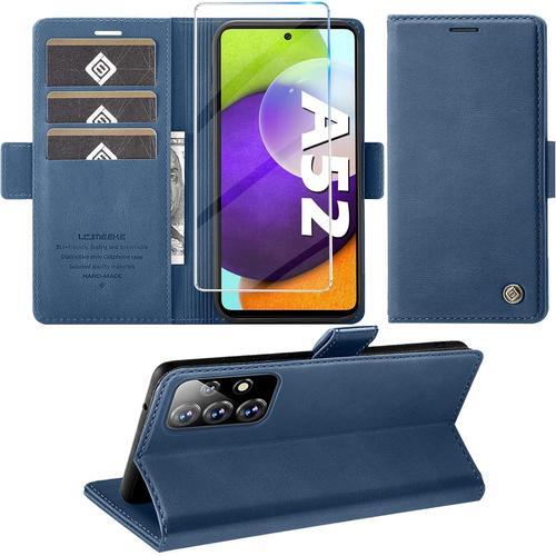 Coque De Protection Pour Samsung Galaxy A52/A52s 4g 5g Avec Film De Protection, Fonction Support, Fente Pour Carte, Portefeuille En Cuir De Qualit Suprieure, tui  Rabat A52s, tui  Rabat Rsistant Aux Chocs Bleu