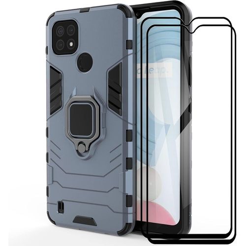 Coque De Protection Realme C21 Avec Support Rotatif 360, Compatible Support Voiture Magntique, 2 Films Tremps Inclus, Certifie Mil-Std 810g, Bleu