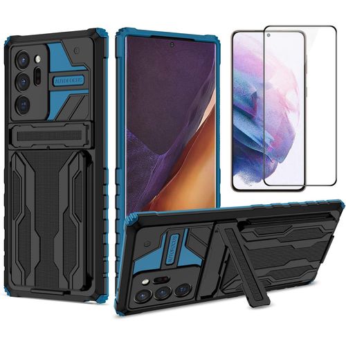 Coque De Protection Samsung Galaxy Note20 Ultra 2020 Avec Verre Tremp Intgr, Support Rglable Et 3 Fentes Cartes - Double Couche Tpu/Pc Antichoc - Bleu