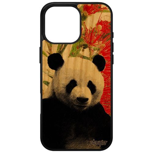 Coque En Bois Pour Apple Iphone 16 Pro Max Et Silicone Panda Design Vert Nature Case Geant Fleurs Ecolo Portable Animal Ours Souple