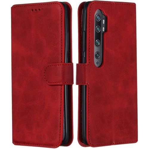 Coque En Cuir Pour Xiaomi Mi Note 10/Note 10 Pro Coque Portefeuille tuis  Rabat Folio Pu & Tpu Fente Pour Carte Support Fermeture Magntique Housse De Tlphone Antichoc Rouge