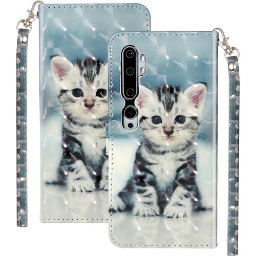 Coque En Pu Cuir Pour Xiaomi Mi Note 10 tui Flip Cover Clapet De Protection Portefeuille Avec Motif Chat Mignon Housse Magntique Case Effet Flash 3d  Antichoc Pour Xiaomi Mi Note 10