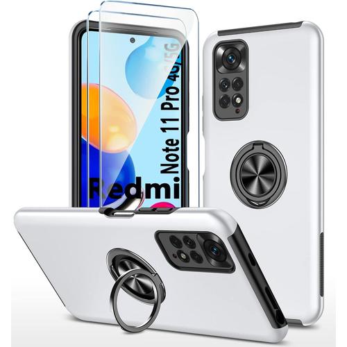 Coque En Silicone Pour Xiaomi Redmi Note 11 Pro 5g/4g Avec Anneau De Support  360 + Film De Protection D'cran En Verre Tremp *2, Coque De Protection Hybride Militaire Antichoc, Pour Tlphone Portable Redmi Note 11 Pro, Anti-Rayures, Argent