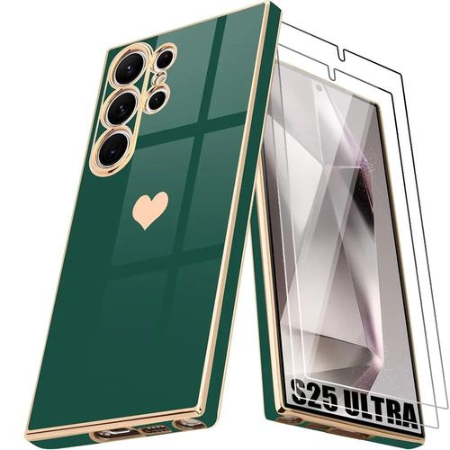 Coque Et 2 Verres Tremps Pour Samsung Galaxy S25 Ultra - Protection Avec Motif CUr Antichoc Ultra Slim Lger - Vert Nuit - E.F.Connection
