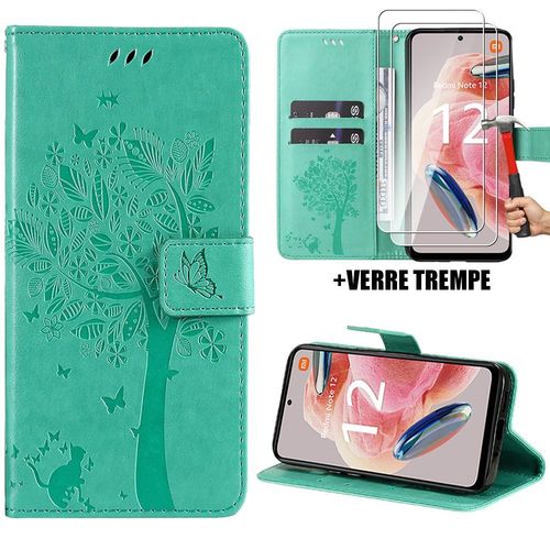 Coque Et 2 Verres Tremps Pour Xiaomi Redmi Note 12 4g, Housse Rabat Cuir Pu Vert Avec Motif Arbre Papillon Elgant - Booling