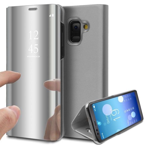 Coque Etui Housse Galaxy A8 2018 Clear View Etui  Rabat Cover Flip Case Miroir Samsung Argent