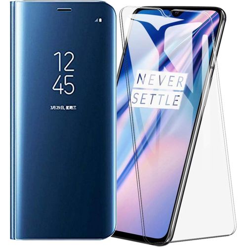 Coque Flip Miroir Ultra Mince Anti-Rayures Avec Support Intgr Et Rveil Intelligent Pour Oneplus 7t - Bleu + 2 Protections cran En Verre Tremp