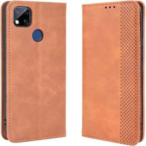 Coque Folio Cuir tui Pour Xiaomi Redmi 9c/Xiaomi Redmi 9c Nfc,Pu/Tpu Bumper Protection Case Cover Fermeture Magntique,Antichoc Portefeuille Housse Rtro Vec Fentes Pour Cartes Brun