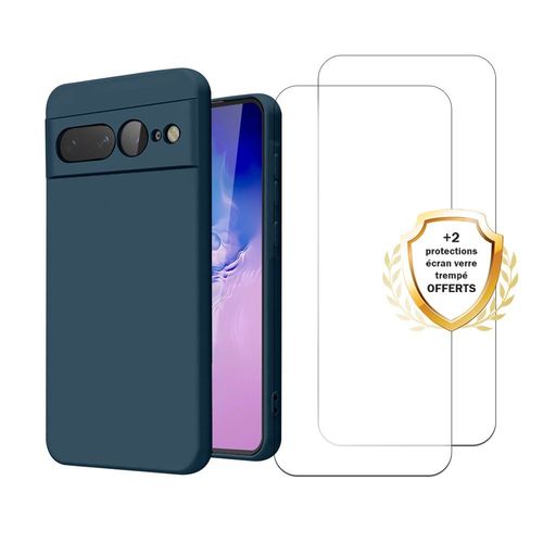 Coque Google Pixel 7 Pro Silicone Liquide Bleue + 2 Vitres En Verre Tremp Protection cran Antichocs Evetane