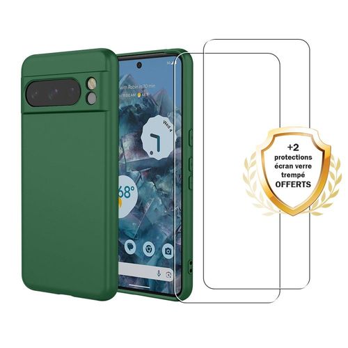 Coque Google Pixel 8 Pro Silicone Liquide Vert Foret + 2 Vitres En Verre Tremp Protection cran Antichocs Evetane
