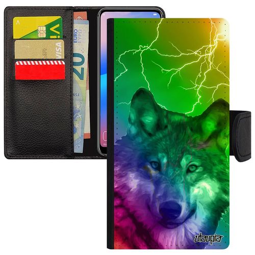 Coque Honor 8 Simili Cuir  Rabat Porte Cartes Loup Pochette Multicolore Smartphone Portable Louve Eclair Vert Arc En Ciel Animaux