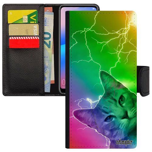 Coque Honor 8a Cuir Rabat Chat Antichoc Animal Minou Arc En Ciel Vert Case Smartphone Multicolore Jat-L29 Motif Eclair Design Lolcat