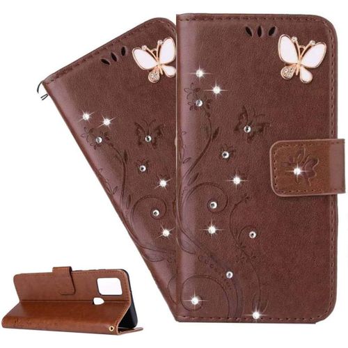 Coque Huawei P Smart 2021,Portefeuille Etui Housse Pour Huawei P Smart 2021 Coque Gaufrage Paillette Diamant Papillon Fleur Pu Cuir Flip Wallet Couverture Pour Huawei P Smart 2021,Gh Brown