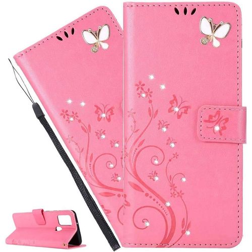 Coque Huawei P Smart 2021,Portefeuille Etui Housse Pour Huawei P Smart 2021 Coque Gaufrage Paillette Diamant Papillon Fleur Pu Cuir Flip Wallet Couverture Pour Huawei P Smart 2021,Gh Pink
