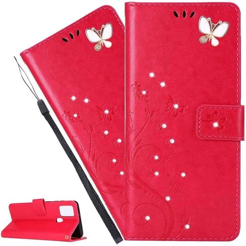 Coque Huawei P Smart 2021,Portefeuille Etui Housse Pour Huawei P Smart 2021 Coque Gaufrage Paillette Diamant Papillon Fleur Pu Cuir Flip Wallet Couverture Pour Huawei P Smart 2021,Gh Red