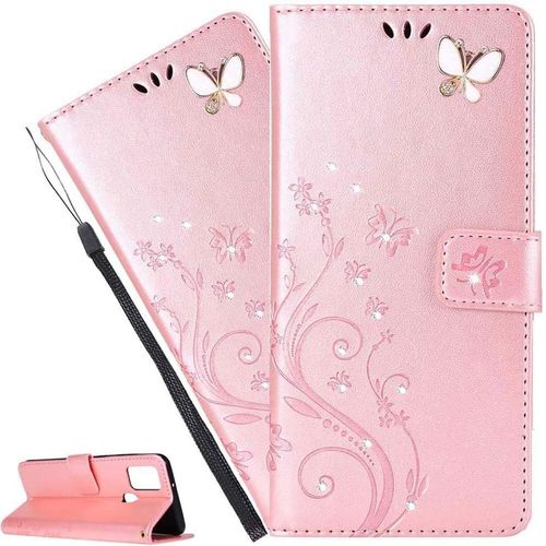 Coque Huawei P Smart 2021,Portefeuille Etui Housse Pour Huawei P Smart 2021 Coque Gaufrage Paillette Diamant Papillon Fleur Pu Cuir Flip Wallet Couverture Pour Huawei P Smart 2021,Gh Rose