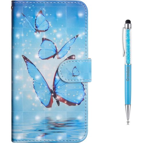 Coque Huawei Y5 2018, Mode Cratif Effet 3d ModLe Dsign Tui De Protection Housse En Pu Cuir Avec Tpu Silicone Souple Portefeuille Phone Case Pour Huawei Y5 2018 (Papillon Bleu)
