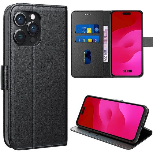 Coque Intgrale Pour Iphone 15 Pro - Protection Effet Cuir Portefeuille Noir Avec Support Table - E.F.Connection