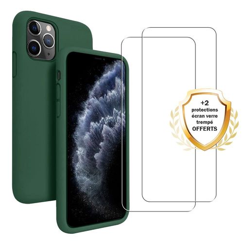 Coque Iphone 11 Pro Max Silicone Liquide Vert Foret + 2 Vitres En Verre Tremp Protection cran Antichocs Evetane