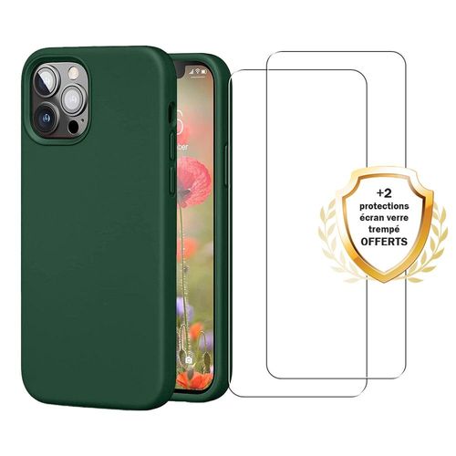 Coque Iphone 12/12 Pro Silicone Liquide Vert Foret + 2 Vitres En Verre Tremp Protection cran Antichocs Evetane