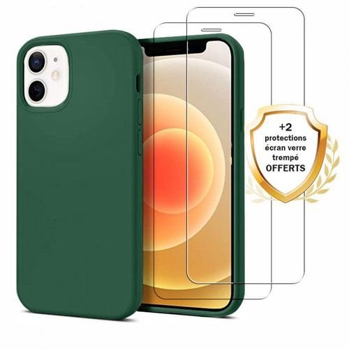 Coque Iphone 12 Mini Silicone Liquide Vert Foret + 2 Vitres En Verre Tremp Protection cran Antichocs Evetane