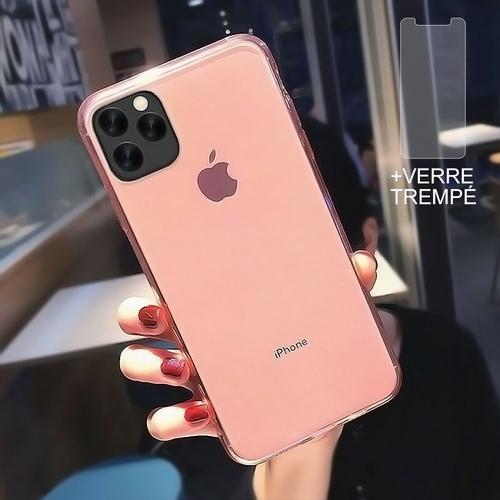 Coque Iphone 12 Pro Max + 2 Verres Tremps Protection cran,Souple Silicone tui Protecteur Bumper Clair Rose