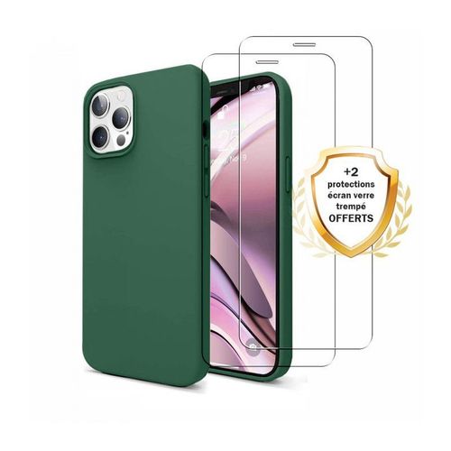 Coque Iphone 12 Pro Max Silicone Liquide Vert Foret + 2 Vitres En Verre Tremp Protection cran Antichocs Evetane