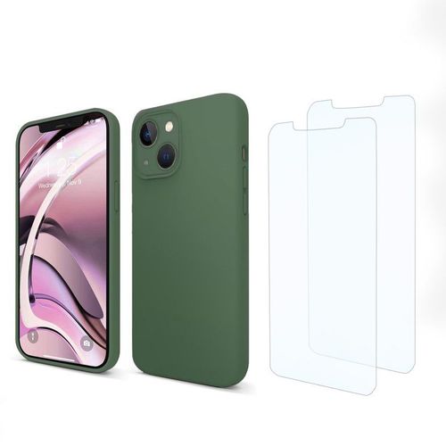 Coque Iphone 13 Mini Silicone Liquide Vert Foret + 2 Vitres En Verre Tremp Protection cran Antichocs Evetane