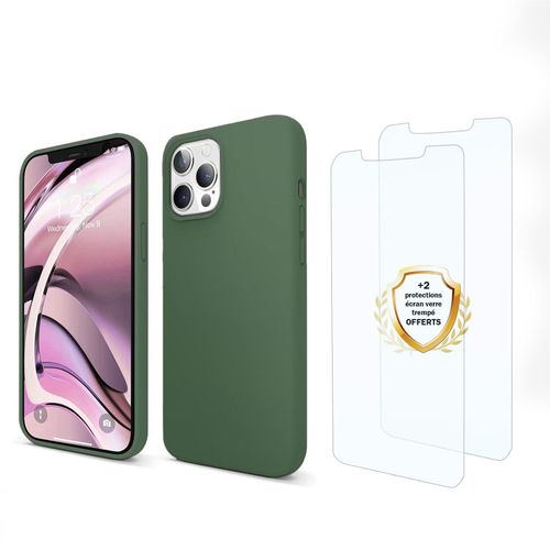 Coque Iphone 13 Pro Silicone Liquide Vert Foret + 2 Vitres En Verre Tremp Protection cran Antichocs Evetane
