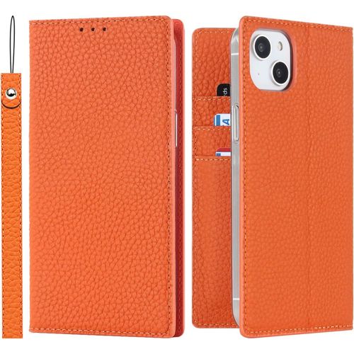 Coque Iphone 14 Plus Avec Cordon,Cuir Veritable Flip Portefeuille Etui En Cuir,[3 Porte Cartes][Magnetique][Rfid Blocker],Housse Case Protection Etui Pour Iphone 14 Plus - Orange
