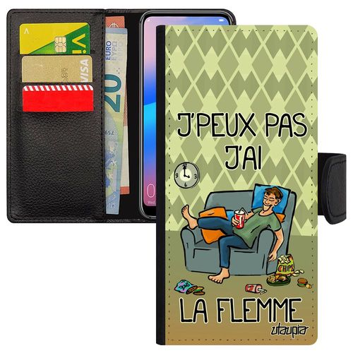 Coque Iphone 15 Pro Max Simili Cuir J'peux Pas J'ai La Flemme Humour Bd Vert Texte  Clapet Feignant Housse Jpeux Smartphone
