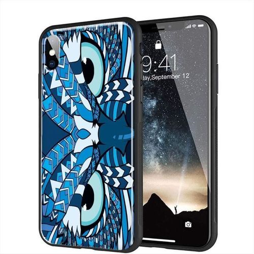 Coque Iphone 7 Animaux Hibou Bleu Aztque, Vitre Arrire Plexiglass + Bumper Tpu Antichocs - Motif Animaux, Compatible Iphone 7, 8