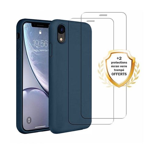 Coque Iphone Xr Silicone Liquide Bleu Marine + 2 Vitres En Verre Tremp Protection cran Antichocs Evetane