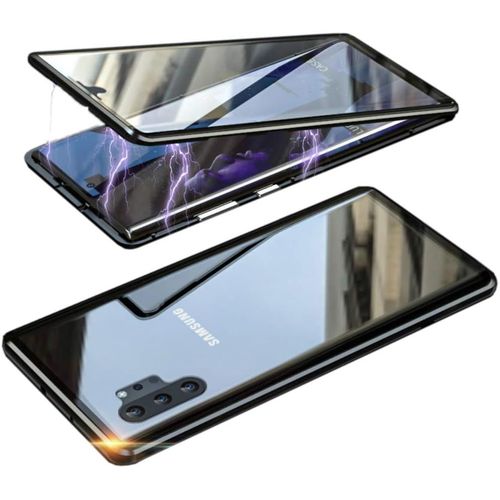 Coque Magntique Pour Samsung Galaxy Note10 Plus Double Verre Tremp Transparent 360 Protection Antichoc Avec Cadre Mtal Et Compatibilit Qi Sans Fil - Noir