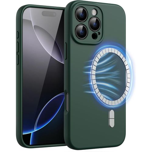 Coque Magntique Silicone Pour Iphone 16 Pro 6,3 Pouces, Compatible Avec Magsafe, Toucher Doux Et Soyeux, tui Housse Protection Complte De L'objectif De Camra (Vert Nuit)