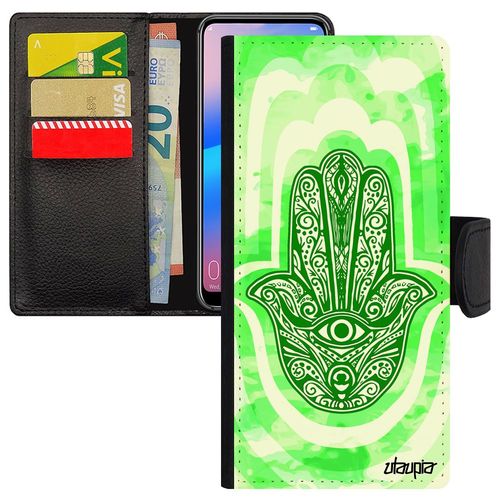 Coque Main De Fatma Iphone 14 Pro Max En Cuir  Rabat Telephone La Hamsa Vert Symbole Fatima Etui Il 256 Go Case 4g Pas Cher