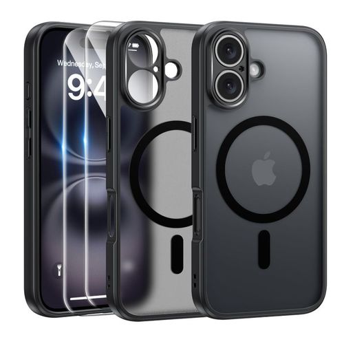 Coque Noir Magntique Pour Iphone 16 + 2 Verre Tremp, Compatible Avec Magsafe, Protection Camra ,Translucide Antichoc - Hqselection