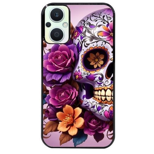 Coque Noire Pour Reno 8 Lite Tete De Mort Calavera Violette