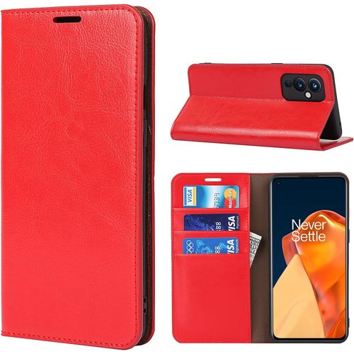 Coque Oneplus 9,Flip Portefeuille tui En Cuir, 3 Fentes Stand Fonction Tpu Antichoc ,Clapet Etui Rabat Housse Cover Case Pour Oneplus 9 - Rouge