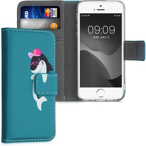 Coque Portefeuille Compatible Avec Apple Iphone Se (1.Gen 2016) / Iphone 5 / Iphone 5s Coque - Etui A Rabat Tissu Similicuir Compartiment Cartes - Gris-Fuchsia-Turquoise