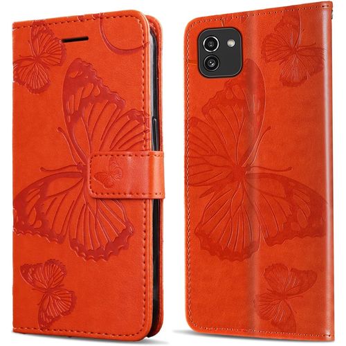 Coque Pour Galaxy A03, Papillon Imprim Housse En Cuir Pu MagnTique Portefeuille, Tui  Rabat Pour Samsung Galaxy A03, Orange